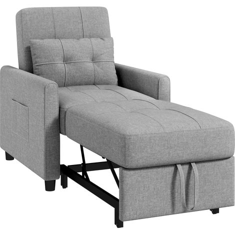 Fauteuil-lit 1 place avec dossier inclinable 3 positions, 2 roues et coussin, canapé-lit pliable pour salon, tissu effet lin et bois, 69 x 82 x 85 cm, gris clair (1/5)
