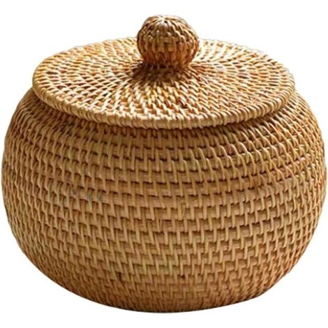 Panier de rangement en osier avec couvercle - panier en rotin - petite boîte en osier - rotin naturel tressé pour chambre, salon