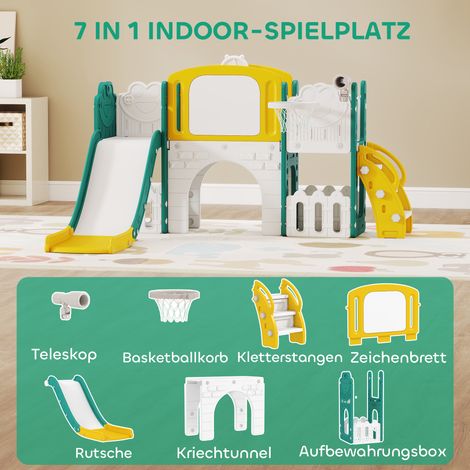 7-en-1 ensemble de toboggans pour tout-petits, panier de basket, design grenouille, structure d'escalade, balançoire, intérieur et extérieur, Jaune+Vert (1/5)