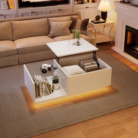 Table basse blanche en panneaux de particules brillants 100 cm avec plateau relevable, rangement et LED APP (1/5)