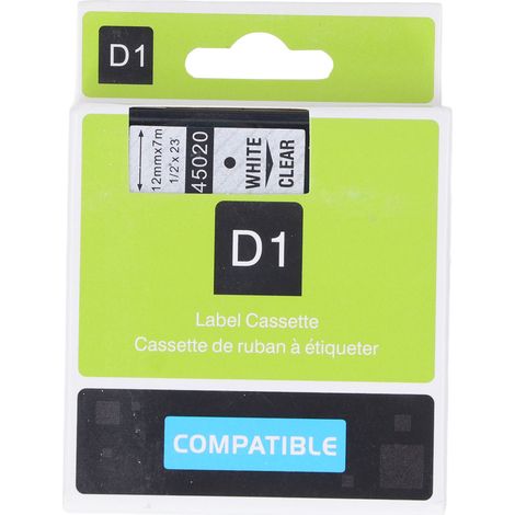 Ruban pour étiqueteuse 12mm 23ft résistant à l'eau et à l'huile, encre durable, compatible LM210D LP420 M500TS, blanc sur transparent. (1/5)