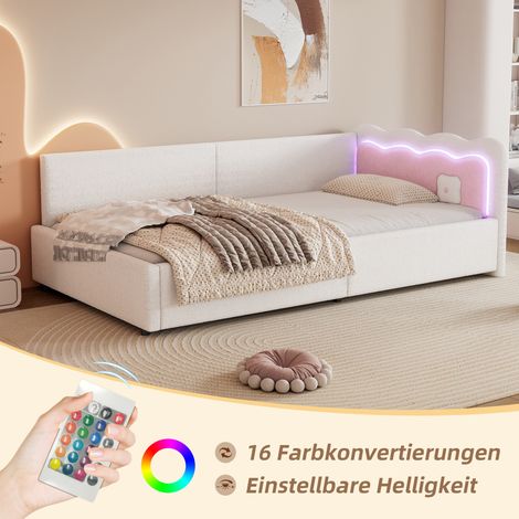 Tagesbett 90/200 cm weiß aus Vliesimitat und MDF mit LED-Beleuchtung (1/5)