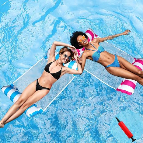 Lot 2 Matelas Gonflables 4-en-1 pour Piscine – Hamac Flottant Matelas Filet et Bouée Inclus Pompe Manuelle – Bleu et Rose,XL 135×70 cm (1/5)