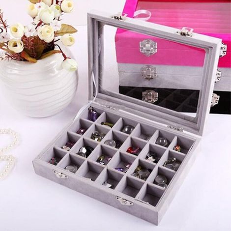 Plateau à bijoux transparent en velours avec couvercle transparent et 24 compartiments, présentoir à bijoux transparent, organisateur de rangement de bijoux en feutre verrouillable (1/3)