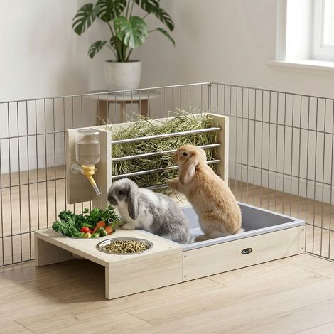 Mangeoire à foin de lapin doté de plateau en bois avec gamelle en acier inoxydable et gourde