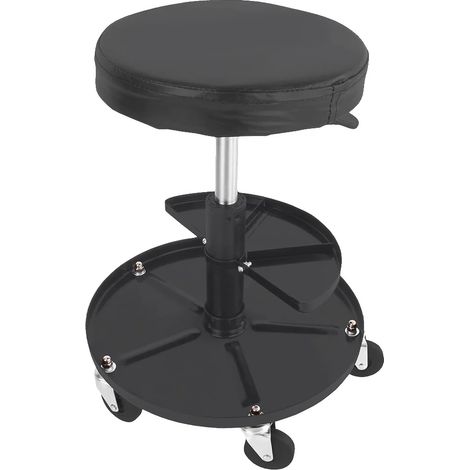 Taburete con ruedas, elevador giratorio, asiento cómodo de cuero sintético, bandeja para guardar herramientas. (1/2)