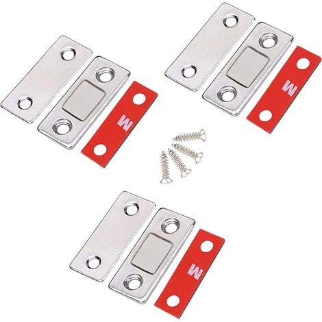 BDD Loquet de porte magnétique fin, lot de 3 aimants adhésifs pour armoire avec vis, serrure de porte en acier inoxydable, loquets de tiroir de meubles pour porte coulissante, fenêtre, placard (1/5)