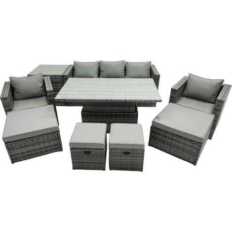 Fimous PE Rattan Garden Furniture Set Lounge Sofa Rising Dining Table Set with Side Table 4 Footstool Dark Grey Mixed (1/5)