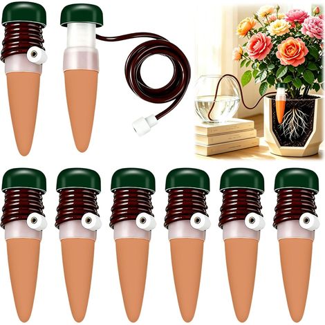 Lot de 8 distributeurs d'eau pour plantes d'intérieur - Cônes d'argile auto-arrosage avec tuyau de 75 cm - Pot de fleurs - Système d'irrigation automatique pour plantes d'intérieur - Vacances (1/5)
