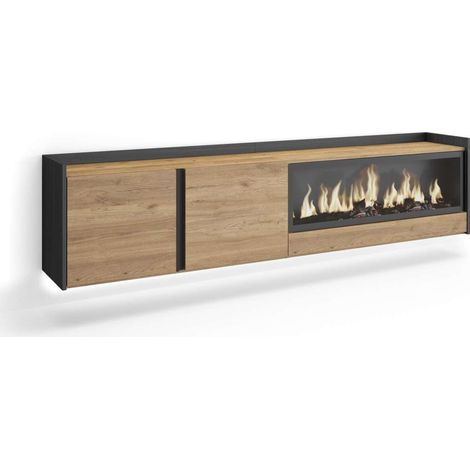 Mueble TV Pujerra-01 de 212x50x35 cm con chimenea y luces LED, suspendido, color roble y negro (1/4)