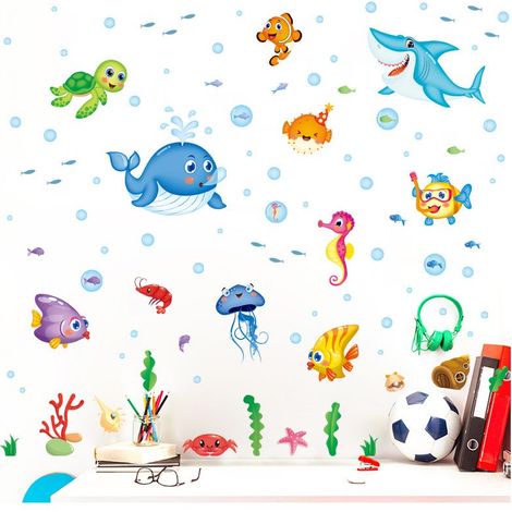 Un lot de Stickers Muraux poissons de mer Autocollant Mural Décoration Murale pour Chambre Salon Bureau (1/5)