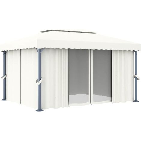 vidaXL Cenador con cortina blanco crema aluminio 4x3 m (1/2)