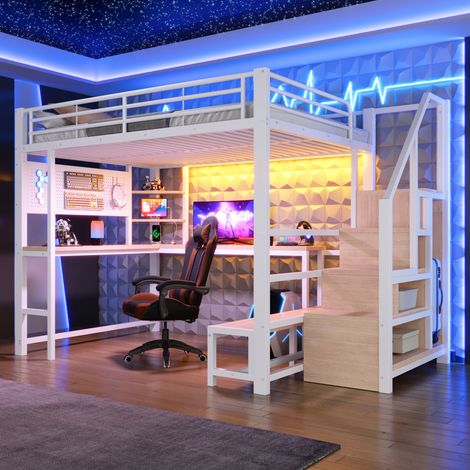 Letto a soppalco 140x200 cm con scrivania, LED, prese USB/USB-C, mensole, pannello forato e scala contenitore, bianco (1/5)