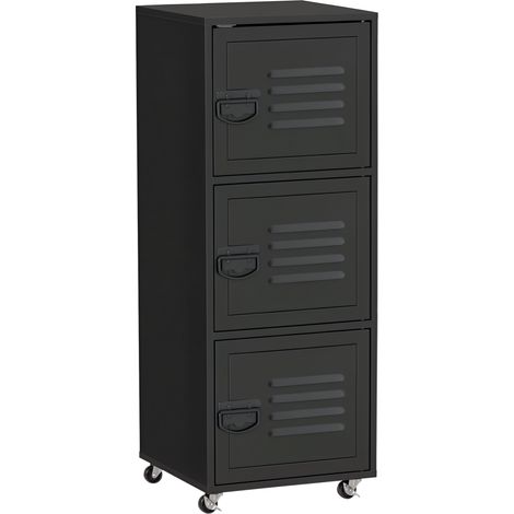 Rolling Storage Cabinet 3-Tier Mobile File Cabinet with Wheels & Metal Doors for Home Office, Living Room, Black