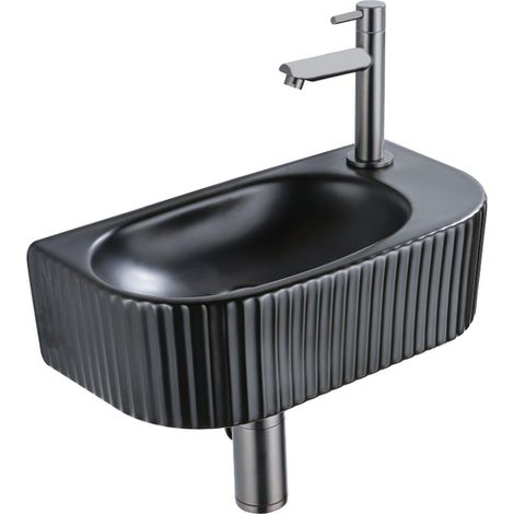 QeramiQ Fuente Ensemble de Lavabo - 40x21.5x12cm - droite - strié - demi-rond - 1 trou de robinet - céramique - ensemble de robinet gunmetal - bouchon (1/5)
