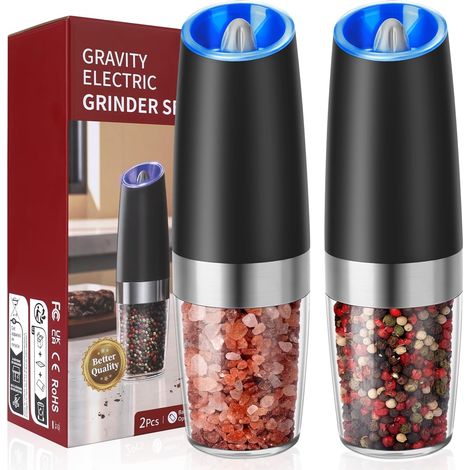 Lot de 2 moulins à poivre et à sel électriques de 9 oz - Haute capacité - Fonctionne avec piles AAA - Avec capteur de gravité - 6 niveaux de mouture et affichage LED (1/5)