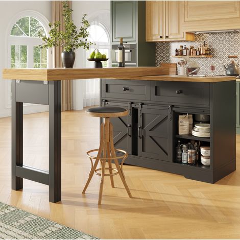 Meuble de cuisine 2-en-1 avec table extensible 120-197 cm, panneau rotatif 360°, noir HAVRYA (1/5)