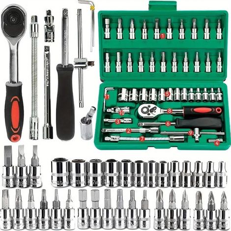 Kit d'outils ménagers 46 pièces Kit d'outils de réparation mécanique 1/4" Kit de réparation automobile Jeu de douilles et d'embouts avec supports Clés hexagonales (Allen) en pouces