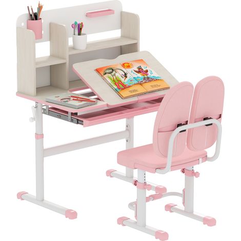 HOMCOM Kids Desk and Chair Set, Height Adjustable Study Table for 3-12 Years Pink (1/5)