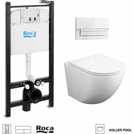Pack WC Bastidor ROCA Active con Cisterna Empotrada, Pulsador Blanco Brillo New y WC Suspendido Round Smart 52 cm Tornado 3.0 de Koller Pool (1/5)