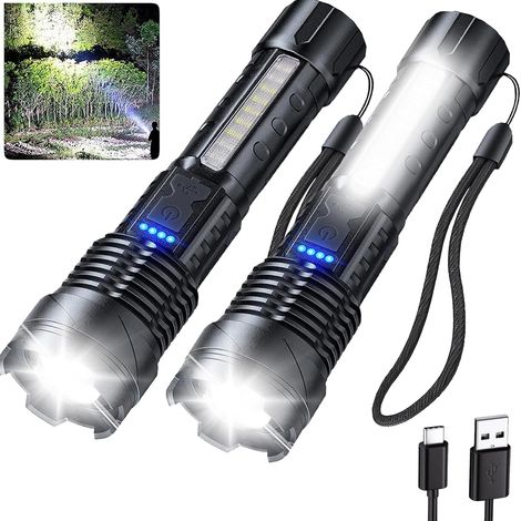 Lampes de poche rechargeables lampe tactique LED alimentée par batterie lumière latérale Cob USB C étanche 2 pièce (1/4)