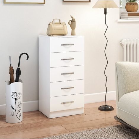 Comò a 5 cassetti bianco in truciolare, 40 x 35 x 85 cm, OKWISH (1/5)