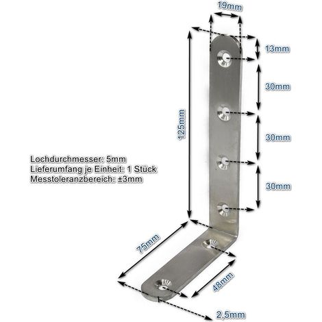 Edelstahl Winkel 125 x 75 x 19 mm Lochwinkel Montagewinkel Verbinder