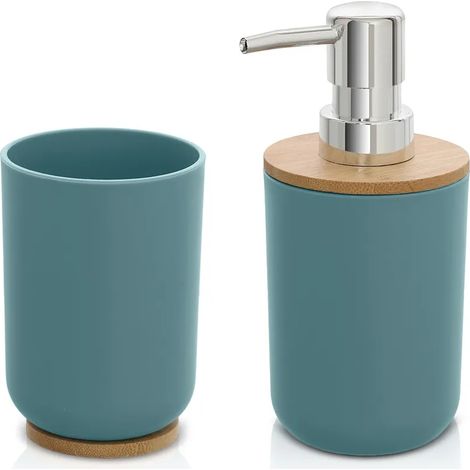 Set accessori bagno dispenser e portaspazzolini da appoggio acquamarina abs e bambù Surf (1/5)