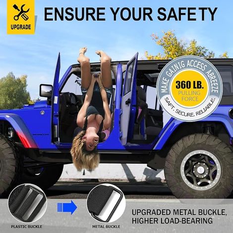 Lot de 2 poignées d’appui compatible avec Jeep Wrangler TJ YJ JK, design à 3 sangles facile à installer pour modèles de 1955 à 2023 (Noir) (1/4)