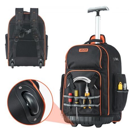 Mochila con Ruedas de 450 x 275 x 560 mm Capacidad de Carga de 50 kg Mochila de Herramientas Resistente con 72 Bolsillos, Asa Telescópica Ajustable y Base Estable para Construcción y Mecánico (1/5)