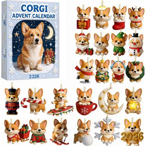 Weihnachts-Adventskalender 2026 mit blauen Corgis – 24 flache 2D-Acryl-Anhänger mit niedlichen Corgi-Motiven – Überraschungsbox für den Countdown bis Weihnachten – Weihnachtsbaumschmuck und Geschenk f (1/5)