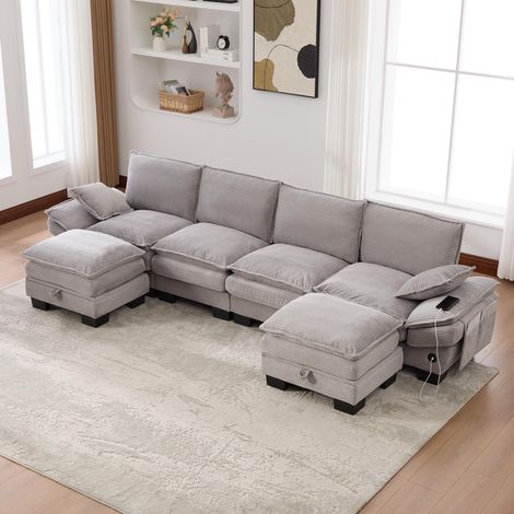 Canapé modulable quatre places en velours côtelé (avec deux repose-pieds) – assises spacieuses, design ergonomique, rembourrage en mousse haute densité, (1/5)