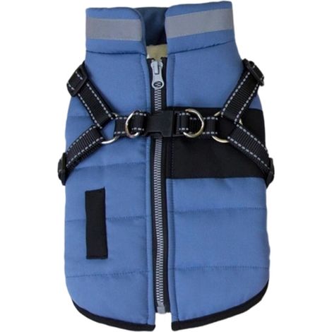 Ranphy Veste réfléchissante doublée en Polaire avec Harnais intégré, Manteau rembourré pour Chiots de Petite Taille Gilet à Fermeture éclair Double Anneau pour Laisse vêtements pour Chats,Bleu,XS
