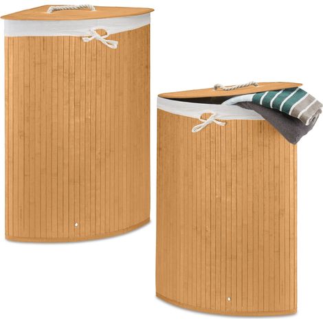 2 x Eckwäschekorb Bambus, faltbare Wäschebox 60 Liter, platzsparend, Wäschesack Baumwolle, 65 x 49,5 x 37 cm, natur