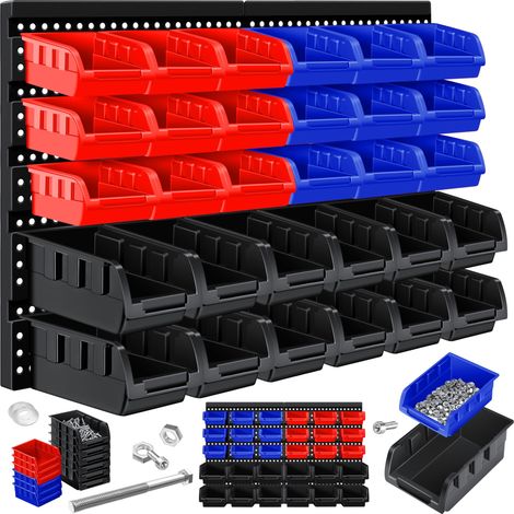 Masko® Stapelboxen Wandregal 32tlg Box Sichtlagerkästen Schüttenregal Steckregal Schwarz/Blau/Rot