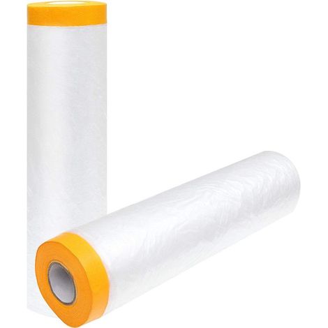 Lot de 2 rouleaux de film de masquage en plastique anti-poussière, 2,4 m x 20 m, avec ruban adhésif, transparent, pré-collé, pour peinture, décoration, revêtement (1/5)