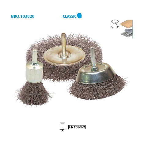 3 BROSSES PINCEAU/CIRCUL/CONIQUE FIL ACIER ONDULE Le LOT - Tige 6X30 - 103020.02 - LEMAN (1/2)