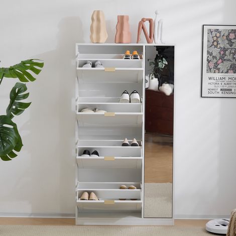 Meuble à chaussures moderne - avec miroir + 4 compartiments abattant - Blanc (1/5)