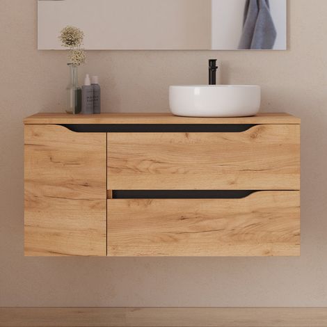 Meuble de salle de bain 100cm avec plateau et vasque à poser déportée à droite Ares - sans miroir - 2 tiroirs et un placard - roble (chêne clair) - ZARZA