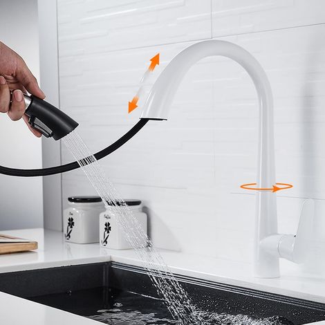Fregadero de cocina multifuncional de latón, giratorio y extensible, con cabezal de ducha extensible (blanco). (1/5)