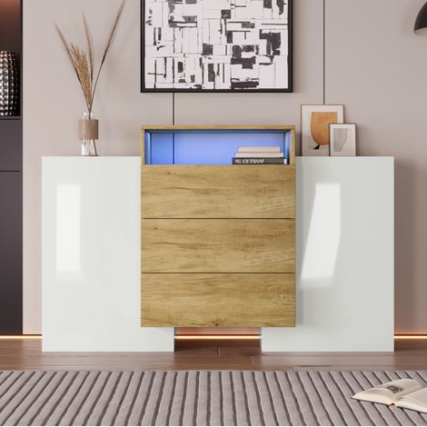 Meuble rangement 140 cm LED MDF blanc bois moderne OKMYHOME (1/5)