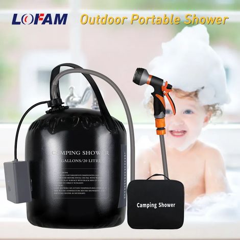 Douche de camping portable avec sac chauffant solaire de 20 L et kit de pompe électrique rechargeable pour animaux de compagnie, voiture, randonnée et lavage en plein air (1/4)