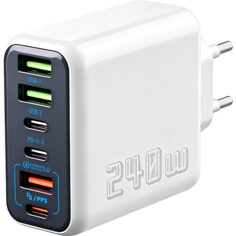 Chargeur USB C 240W Multiport 6 Ports, 3 USB-A + 3 USB-C PD, QC 5.0/PD/PPS Chargeur Multiple USB Charge Rapide, Prise USB Multiple pour Tablette écouteurs Bureau, Maison et Voyage (1/5)