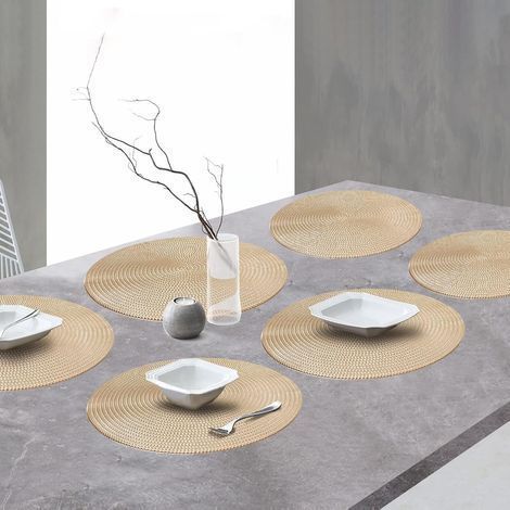 [French Days]Lot de 6 Sets de Table, Sets de Table à Manger, Sets de Table en Rond lavables antidérapants en PVC résistants à la Chaleur, Sets de Table durables résistants aux Taches, 38 x 38 cm, Or (1/4)