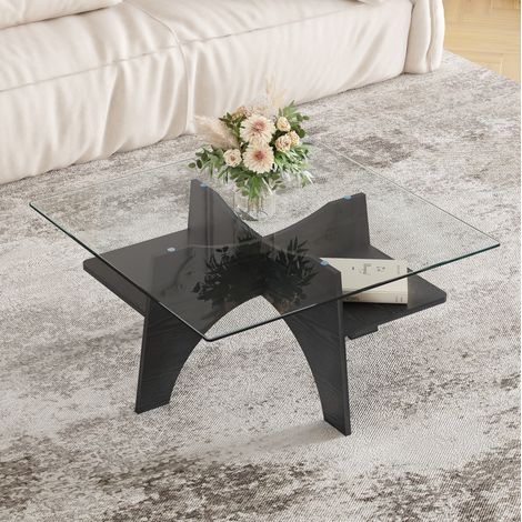 Mesa de centro cuadrada 80x80 cm, altura 40 cm, cristal de seguridad y MDF efecto madera - negro (1/5)