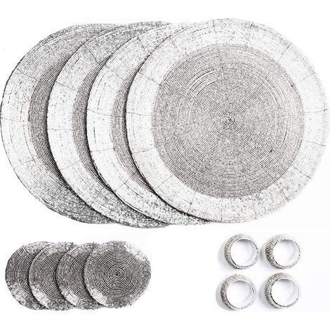Lot de 12 Sets de Table, Dessous de Verre et Ronds de Serviette en Perles de Verre, Couleur Argent, Sets de Table Ronds, fabriqués à la Main par des Artisans Indiens qualifiés (1/5)