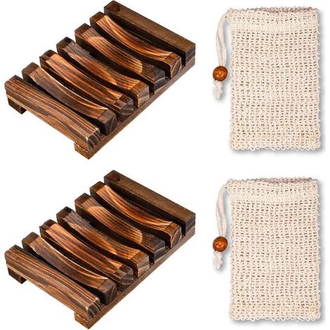 2 Porte-savons en bois et 2 Sacs à savon en bambou naturel avec corde (1/5)