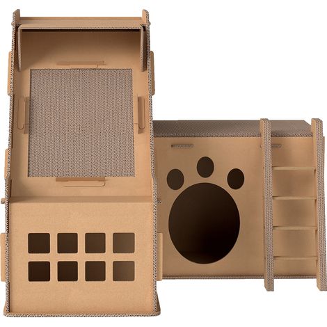 Griffoir en carton en forme de château pour chat, 2 en 1, avec 2 zones à griffer, herbe à chat, 67 x 66 x 57 cm, marron (1/5)