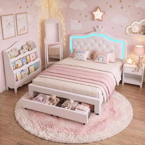 JOOKGBD-Kinderbett Polsterbett 140 x 200 cm,Einzelbett 140 x 200 cm mit LED, Mädchenbett mit 1 Schublade und höhenverstellbarem Kopfteil,Prinzessinnenbett in Kronenform,Lattenrost,PU,Weiß