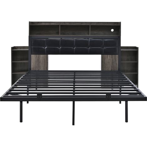 Cama matrimonial 140x190 cm con somier, 2 mesillas extraíbles, USB-C USB LED gris (1/5)